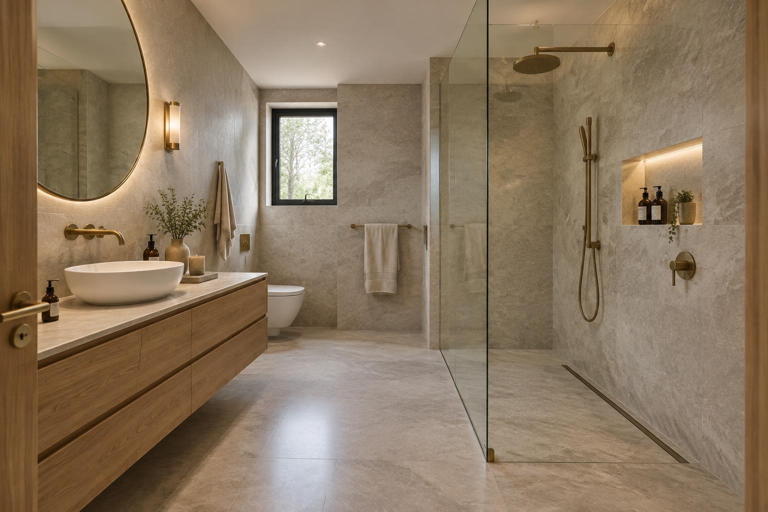Salle de bain contemporaine avec douche et robinetterie dorée